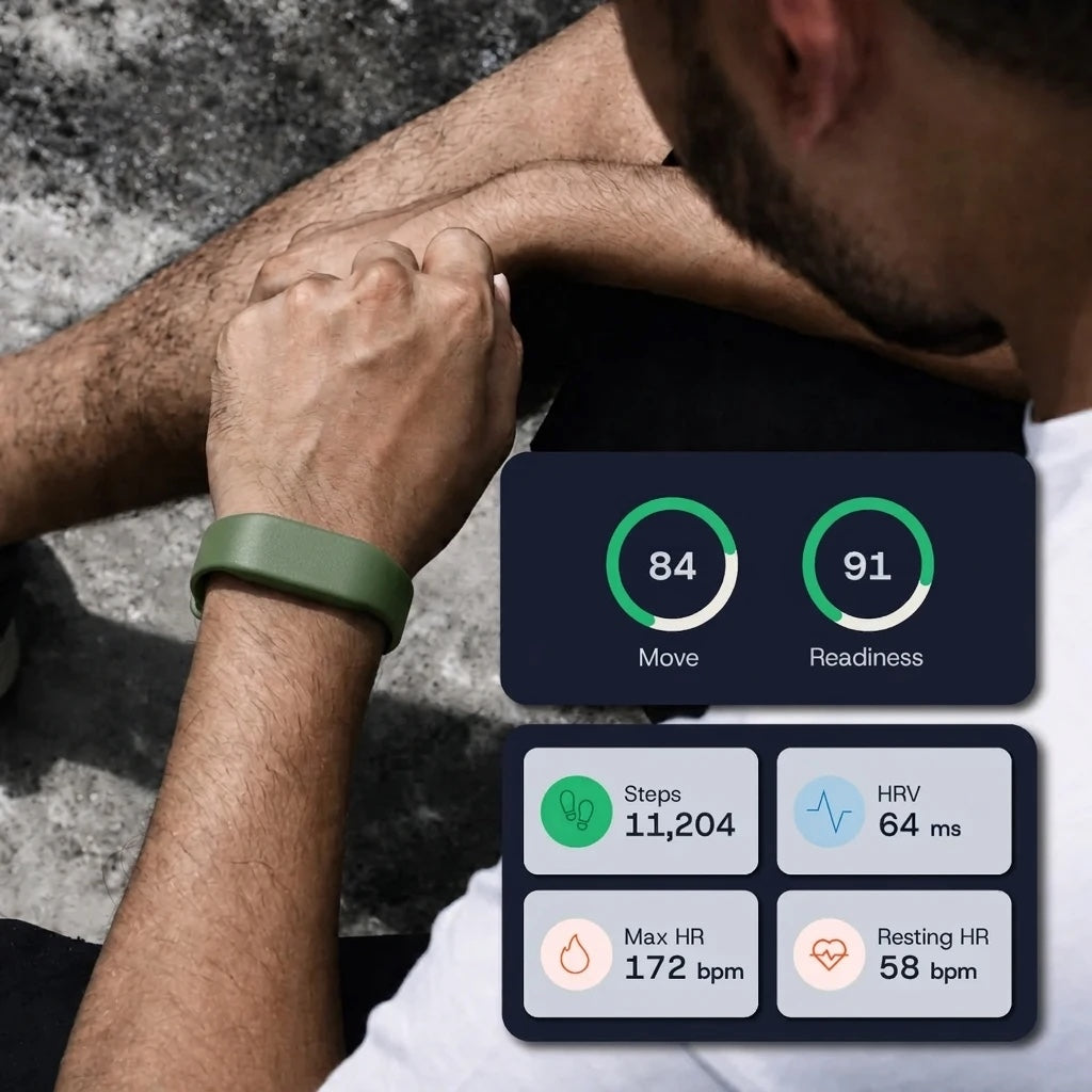 Hiyd app showing Move, Readiness, steps, HRV and heart rate over a wrist photo