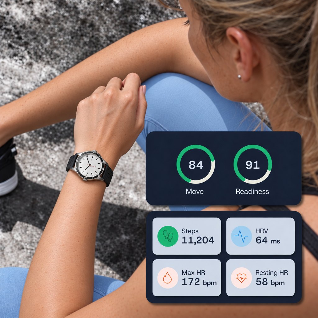 A woman checking her watch with HIYD activity, steps and heart rate stats