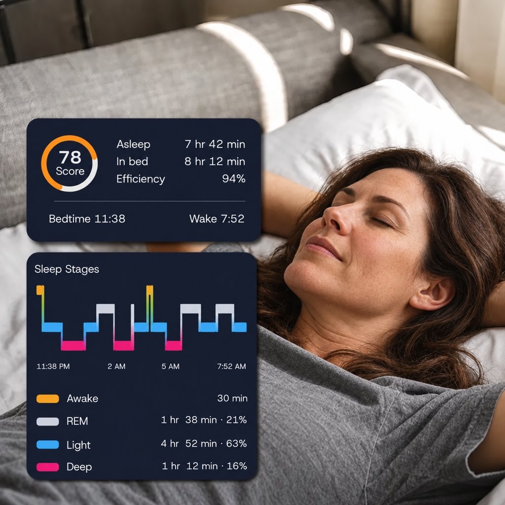A woman resting with the HIYD app sleep score and sleep stages