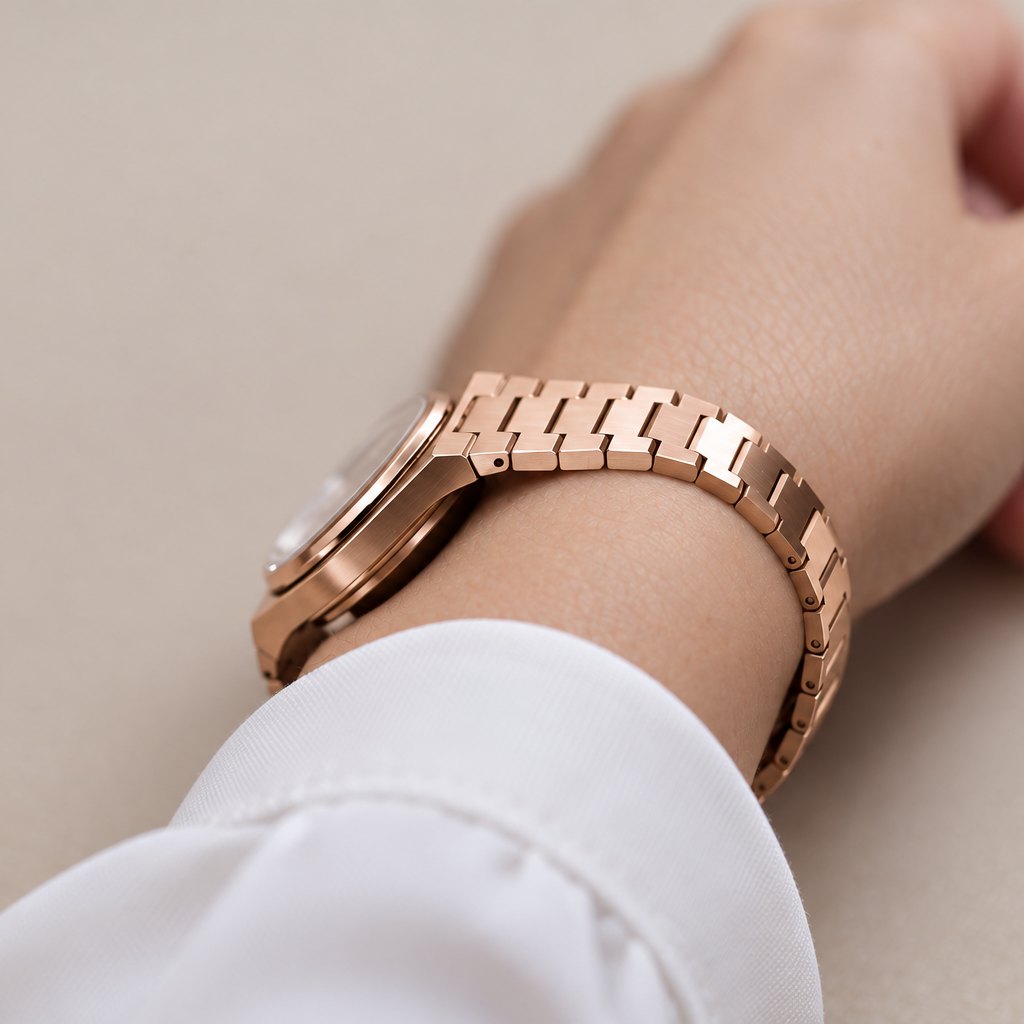 A rose gold bracelet watch worn with a white shirt cuff
