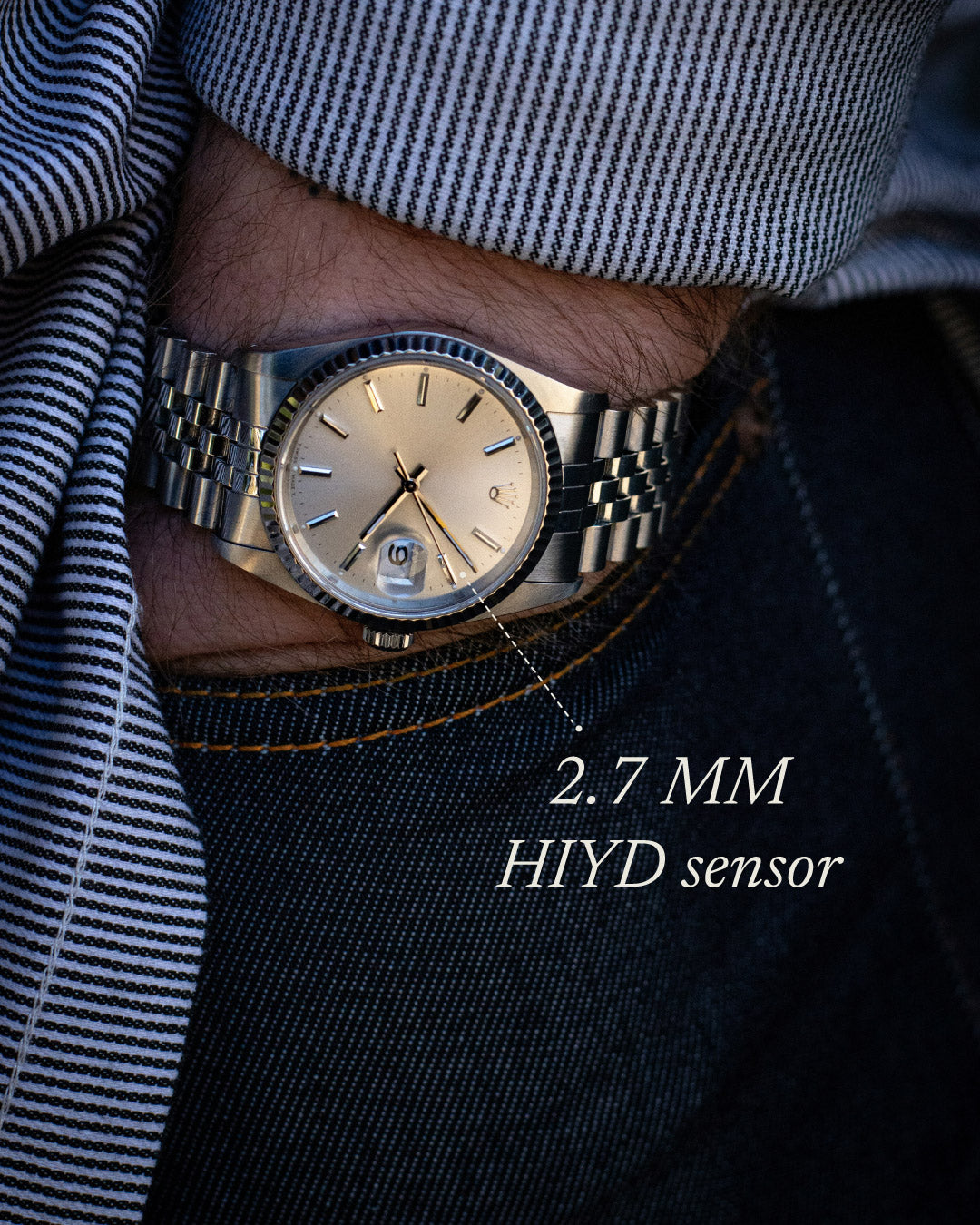 Side profile of a wrist, watch worn normally, Hiyd fitted underneath.