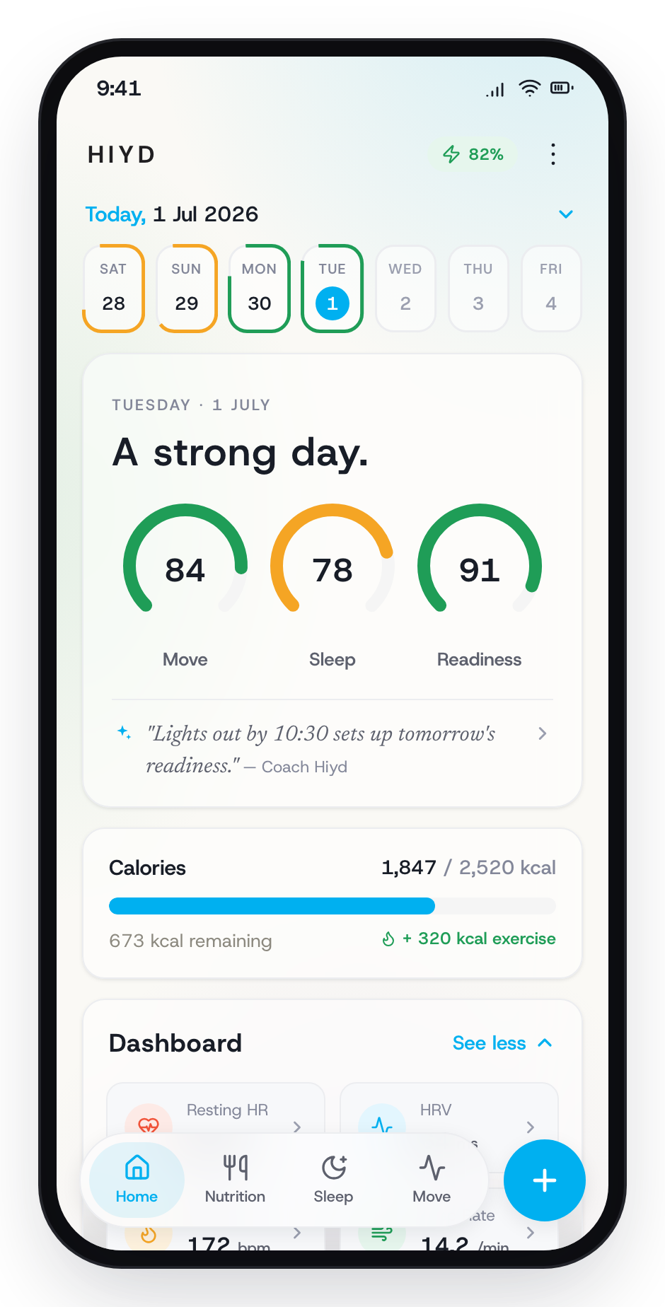 Hiyd Health home screen, showing the day's Move, Sleep and Readiness scores.