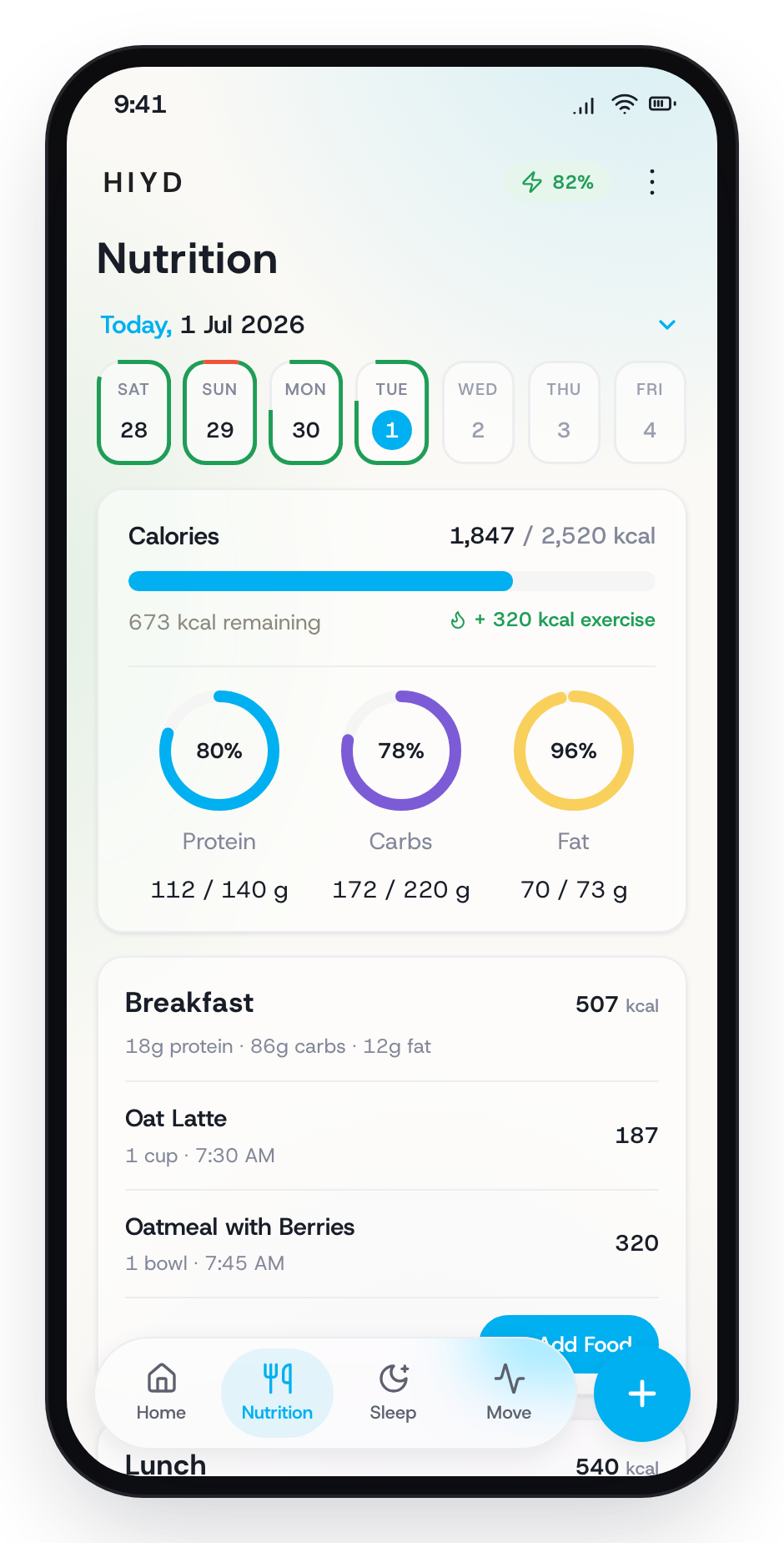Hiyd Health nutrition screen, showing the day's meals and macro split.