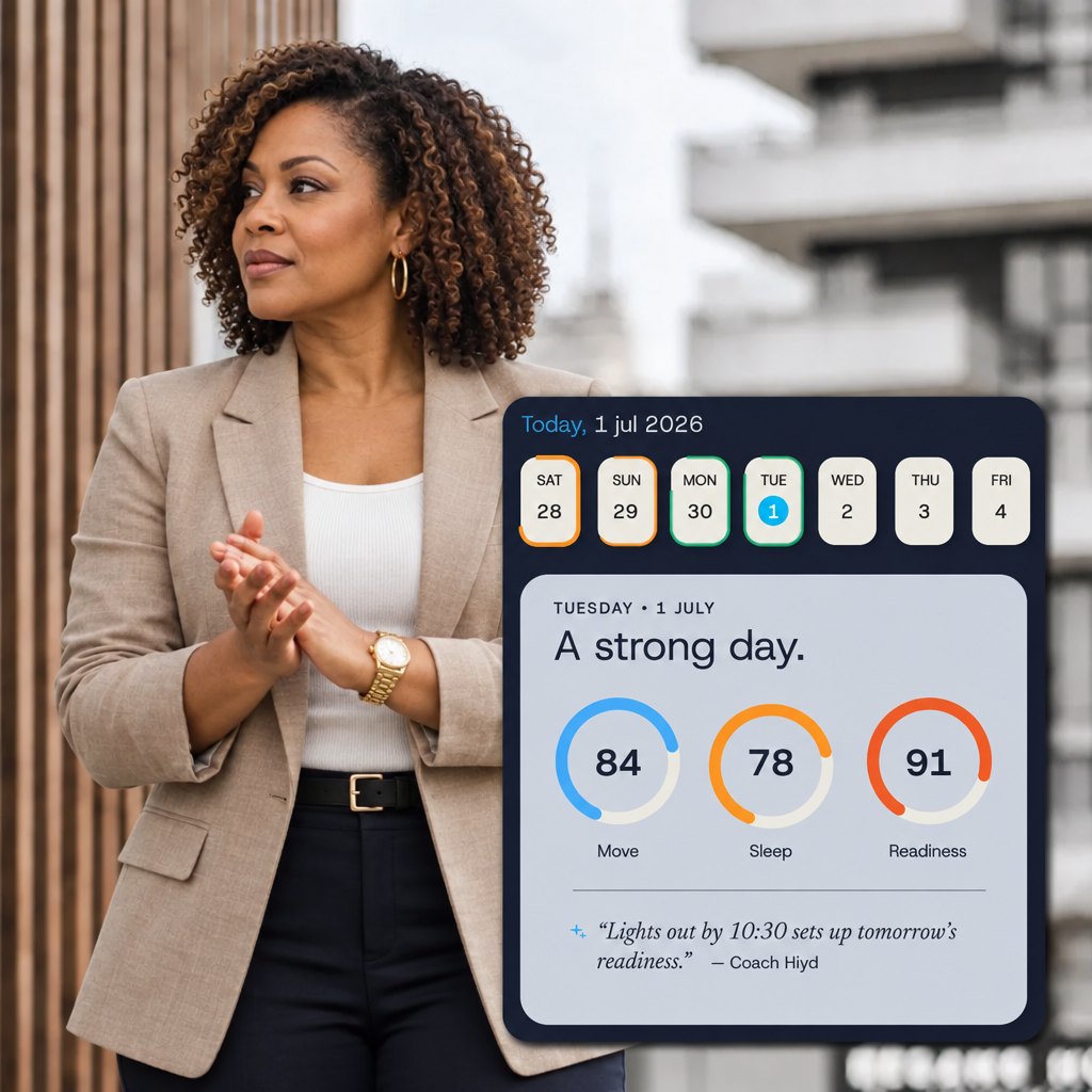 A woman in a blazer with the HIYD app daily readiness overview