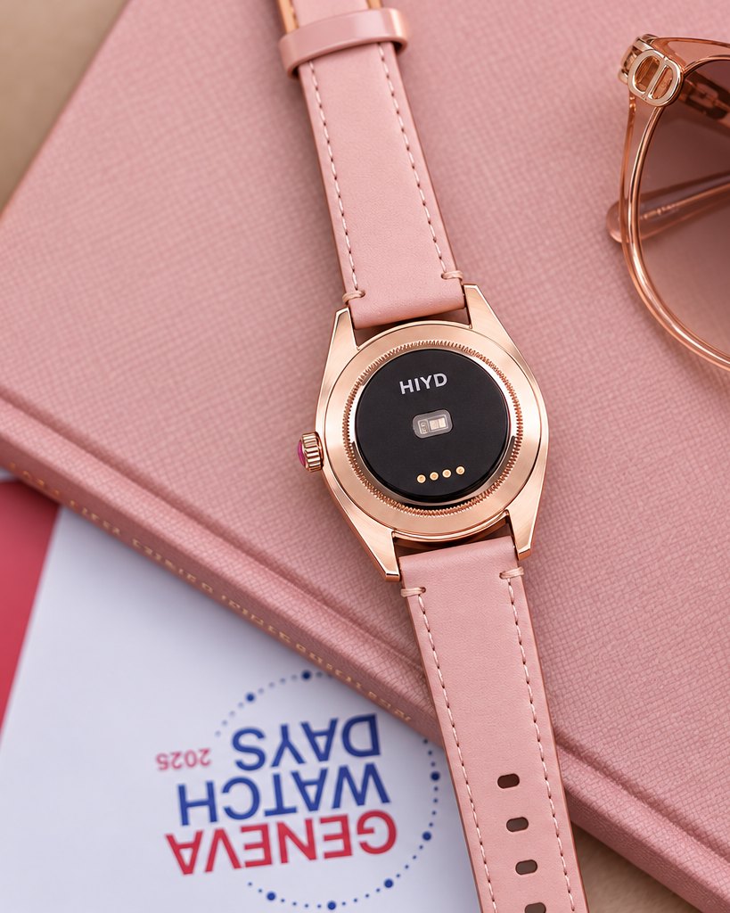 A rose gold watch with a pink strap and HIYD fitted, on a pink notebook beside a Geneva Watch Days card