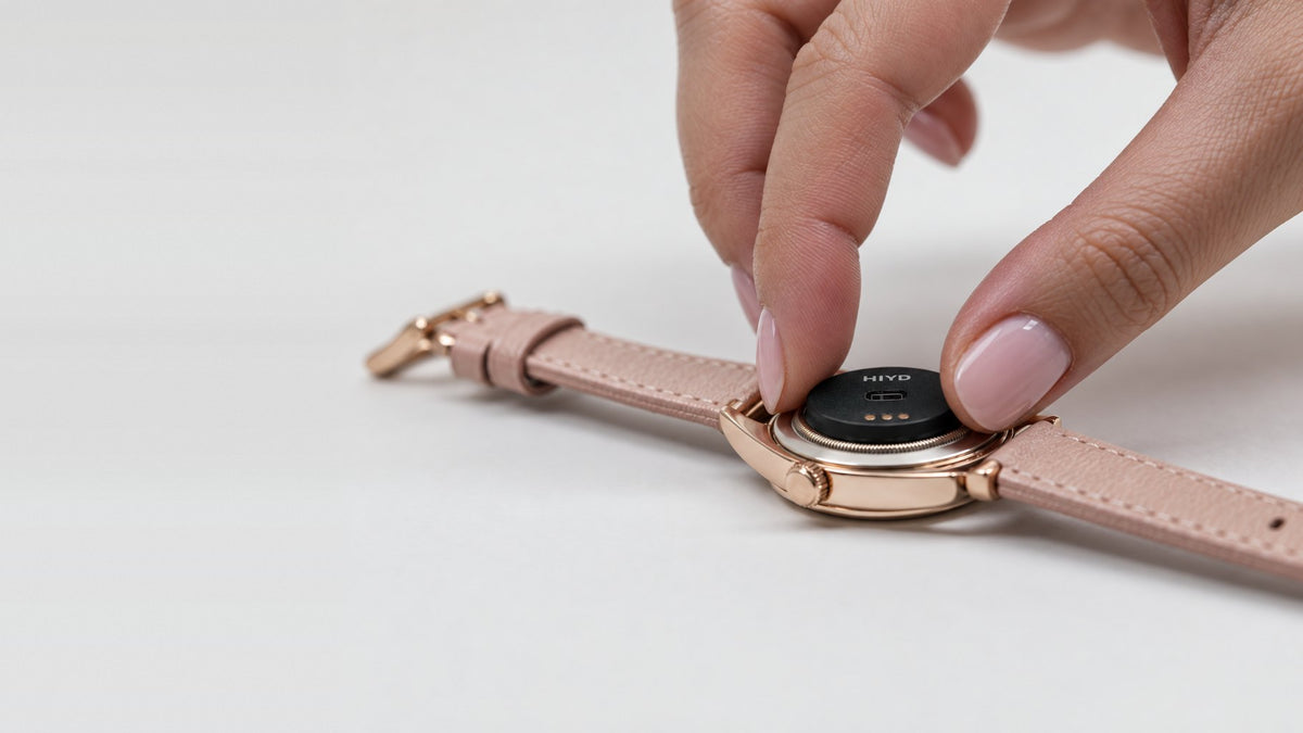 A woman's hand pressing the HIYD sensor onto the back of a rose gold watch with a blush leather strap